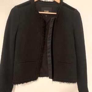 Maje Vala Fringe Jacket, Black Boucle/ Velvet Trim,  size 36 / US 6